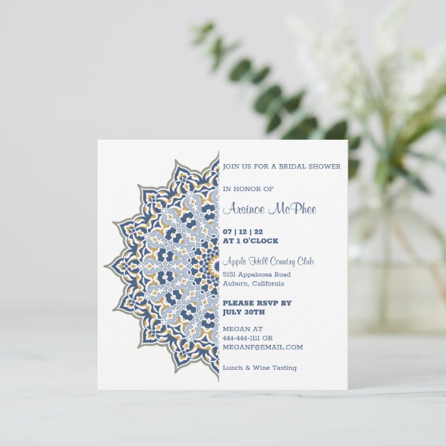 Invitación a la ducha de novias con manala azul y  (Anverso de pie)