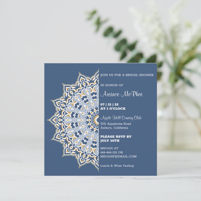 Invitación a la ducha de novias con manala azul y  (Anverso de pie)