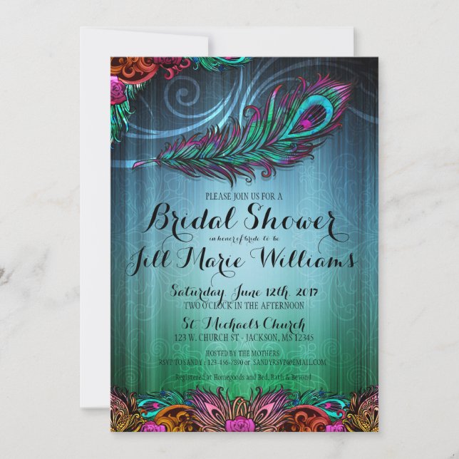 Invitación a la ducha de novias con plumas de pavo (Anverso)