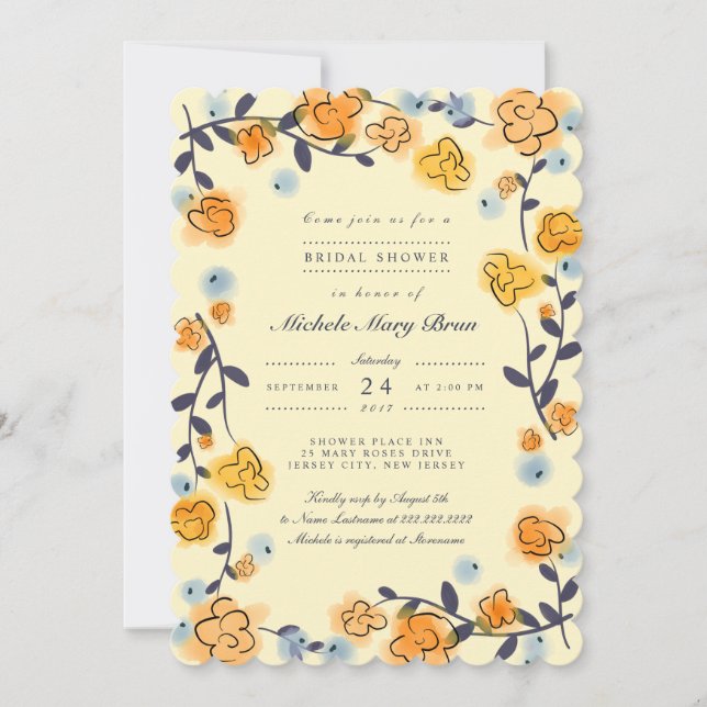 Invitación a la ducha de novias con rosas amarilla (Anverso)