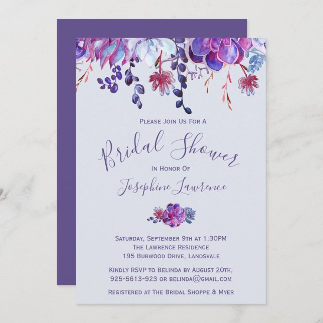 Invitación a la ducha de novias con suculentos púr (Anverso / Reverso)
