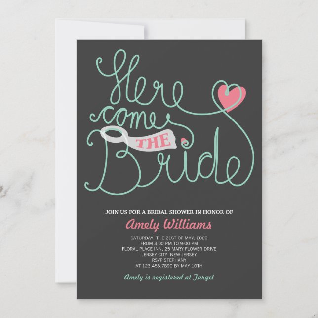 Invitación a la ducha de novias con tinta gris en  (Anverso)
