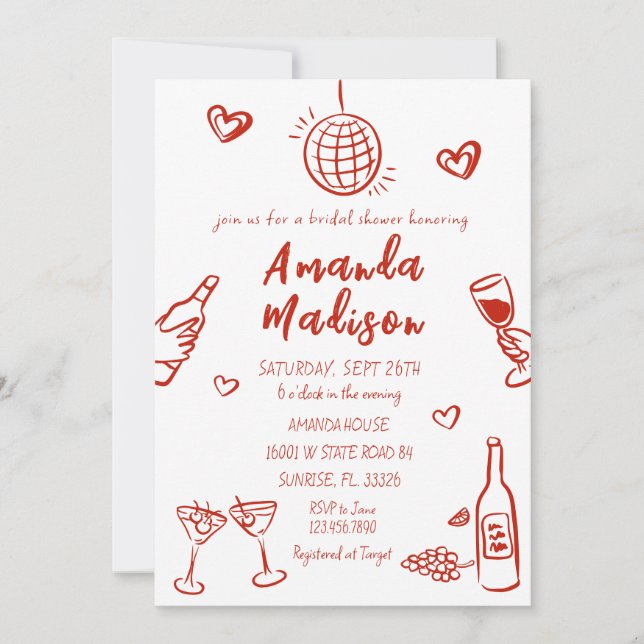 Invitación a la ducha de novias con traje de vino  (Anverso)