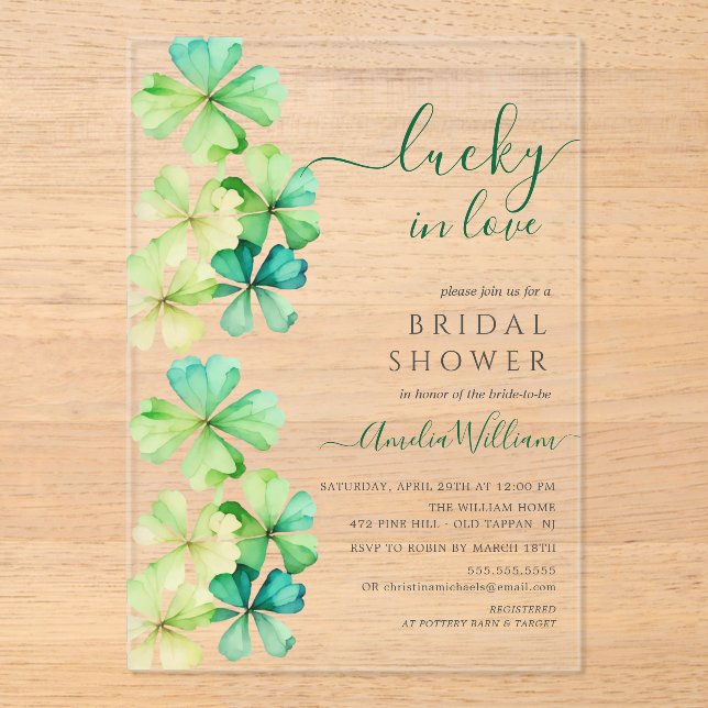 Invitación a la ducha de novias con trébol afortun (Anverso)