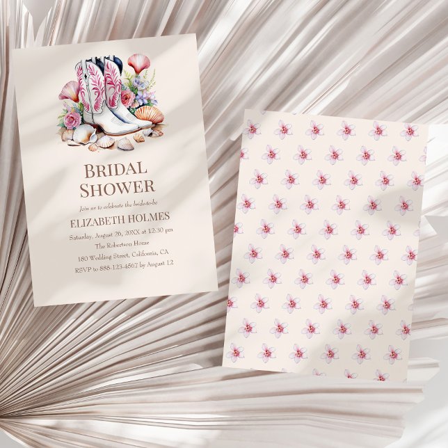 Invitación a la ducha de novias de Boho Coastal Co (Boho Coastal Cowgirl Bridal Shower Invitation on a white dry palm leaf.)