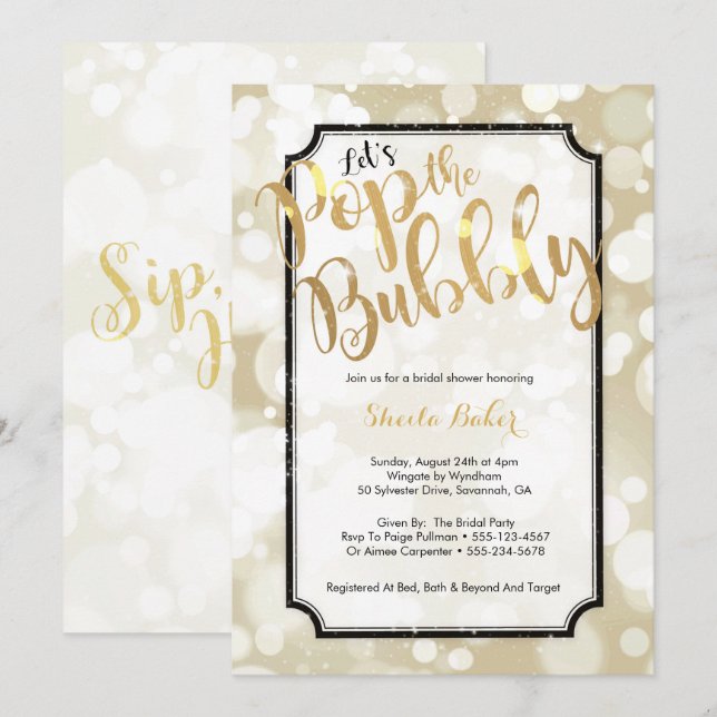 Invitación a la ducha de novias de champán - Pop t (Anverso / Reverso)