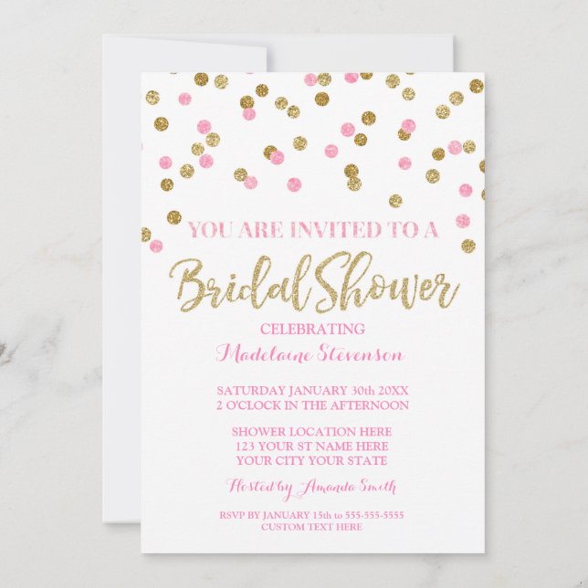 Invitación a la ducha de novias de confetti rosado (Reverso)