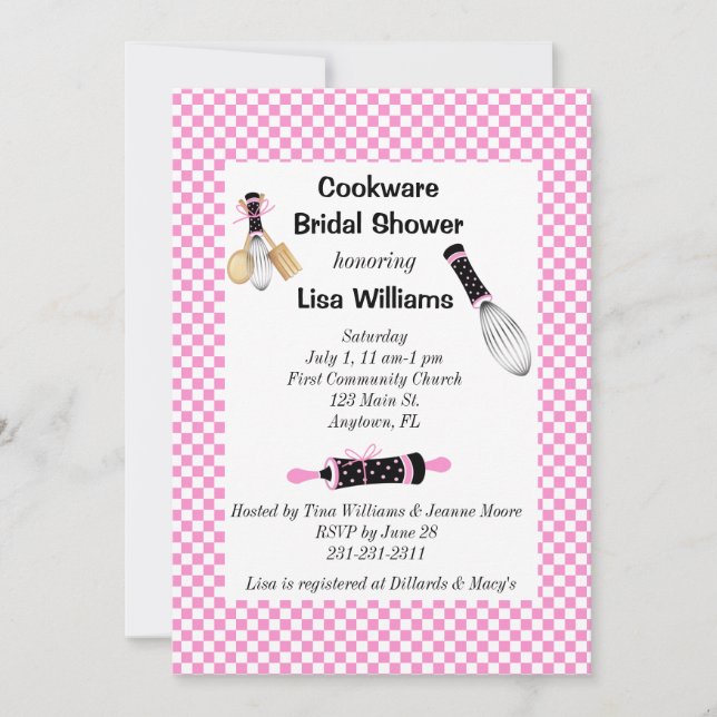 Invitación a la ducha de novias de cookware rosa y (Anverso)