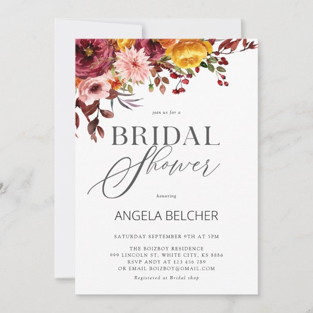 Invitación a la ducha de novias de la flor otoñal (Anverso)
