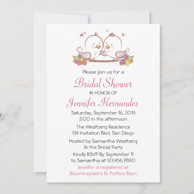 Invitación a la ducha de novias de Lovebirds Pink  (Anverso)