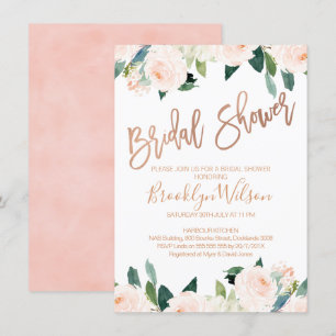 Invitación A La Ducha De Novias De Oro Y Flor Rosa