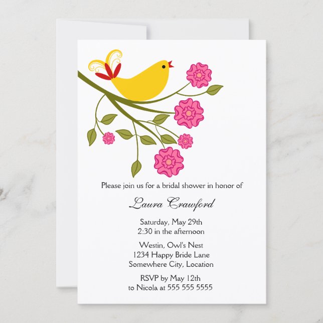 Invitación a la ducha de novias de pájaro amarillo (Anverso)