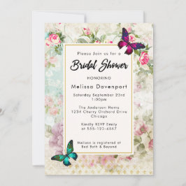 Invitación a la ducha de novias de rosas y maripos