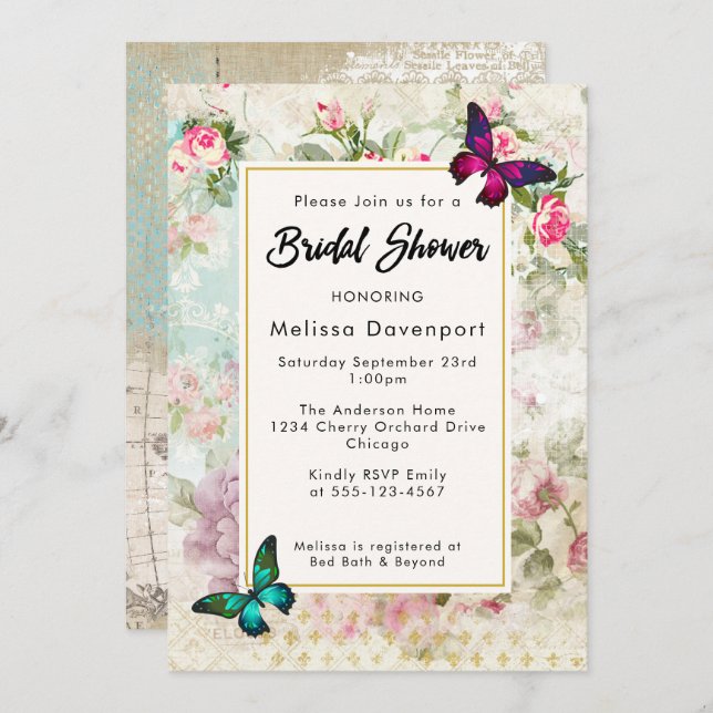 Invitación a la ducha de novias de rosas y maripos (Anverso / Reverso)