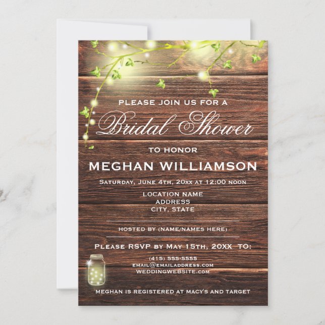 Invitación a la ducha de novias de Rustic Wood Mas (Anverso)