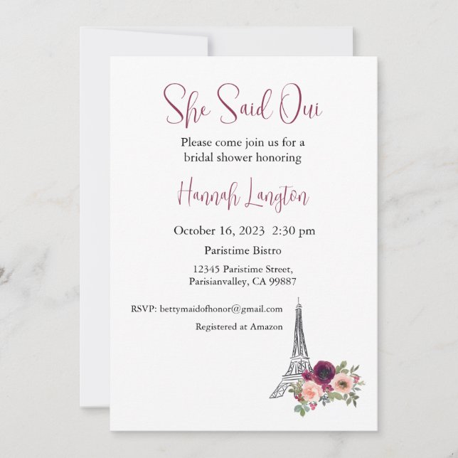 Invitación A La Ducha De Novias, Dijo Que Oui Sí (Anverso)