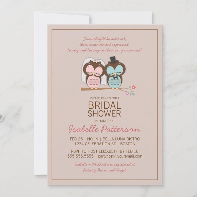 Invitación a la ducha de novias dulces Owl Bride & (Anverso)