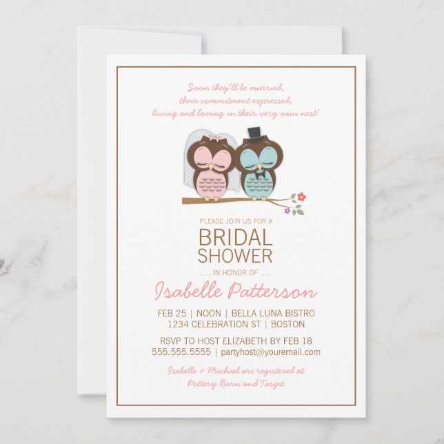 Invitación a la ducha de novias dulces Owl Bride & (Anverso)