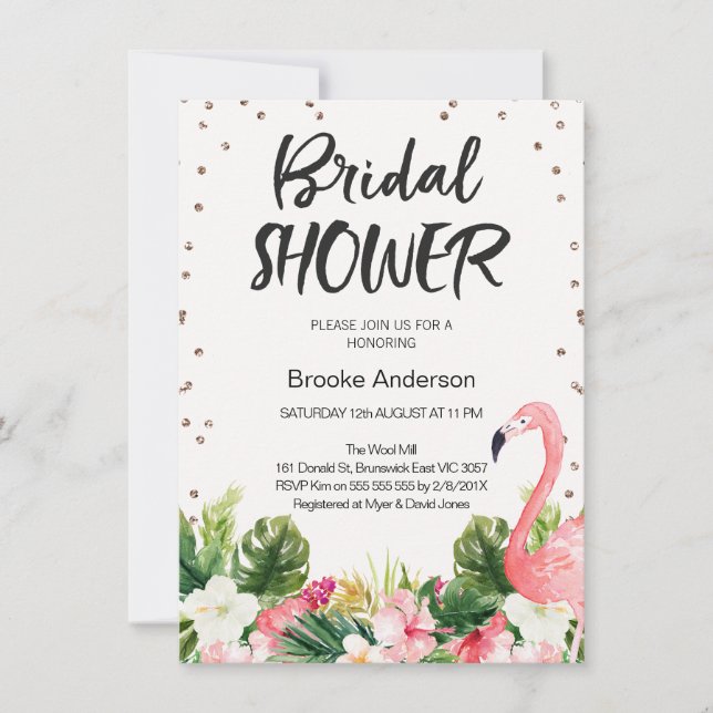 Invitación a la ducha de novias Flamingo Tropical (Anverso)
