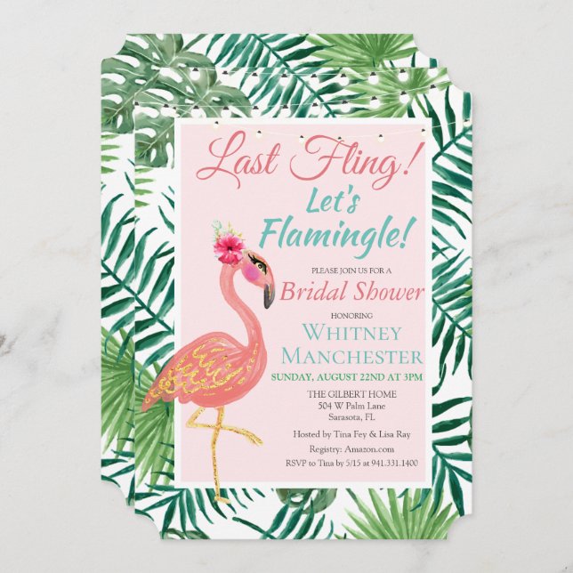 Invitación a la ducha de novias Flamingo Tropical (Anverso / Reverso)
