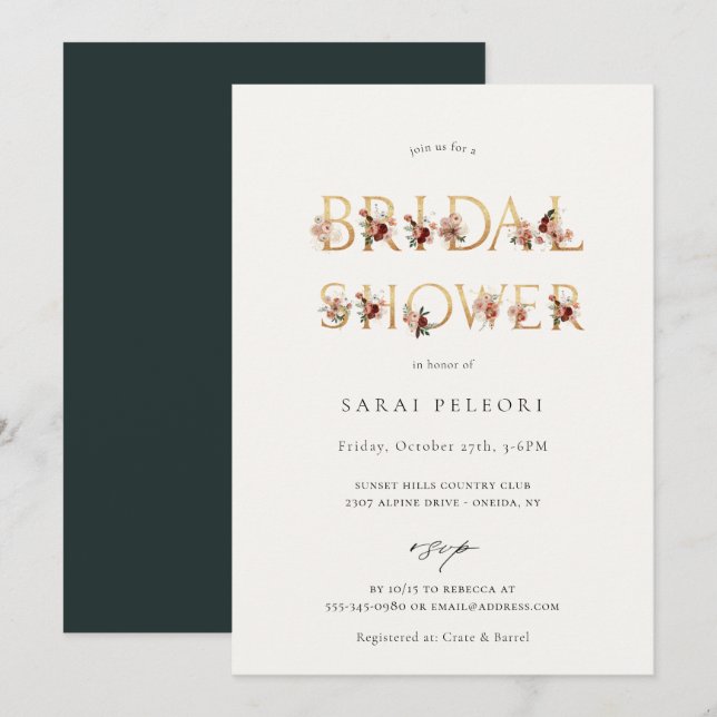 Invitación a la ducha de novias floral con tono te (Anverso / Reverso)