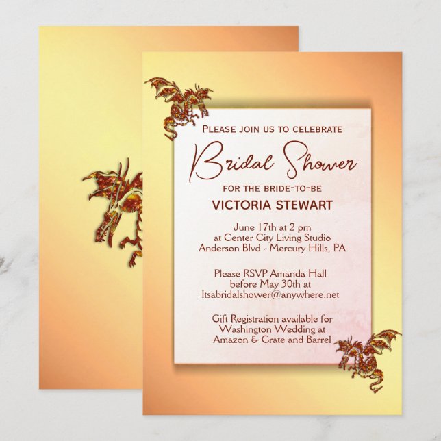 Invitación a la ducha de novias Gold y Red Dragon (Anverso / Reverso)