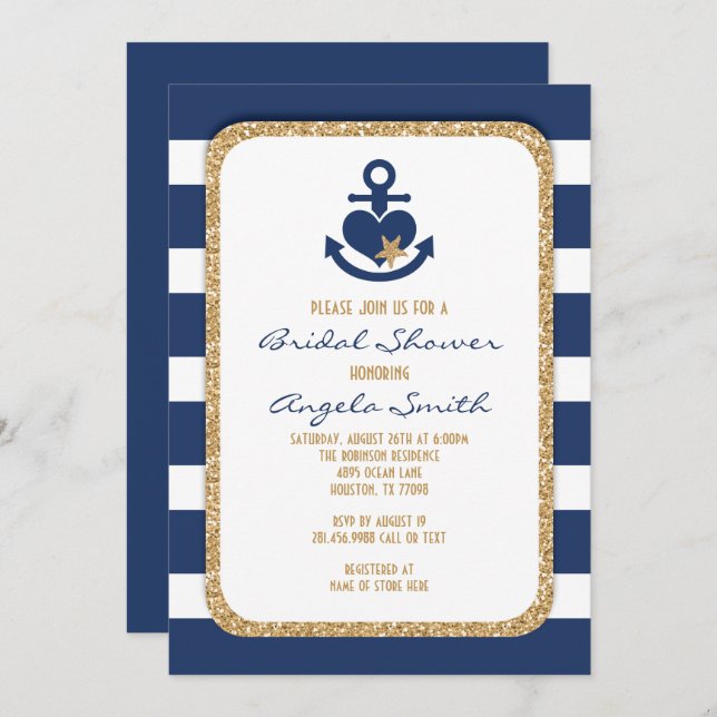 Invitación a la ducha de novias náuticas y de oro (Anverso / Reverso)