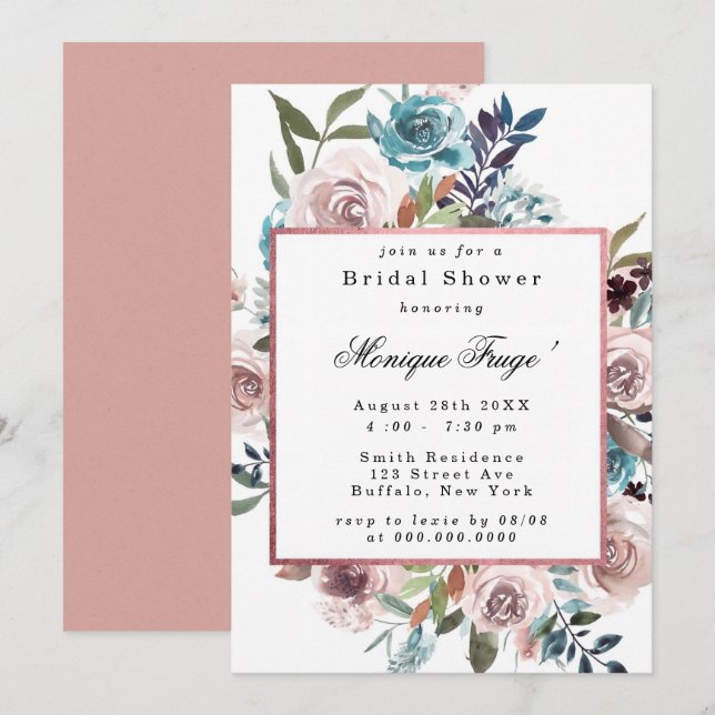 Invitación a la ducha de novias Peony rosa y Verde (Anverso / Reverso)