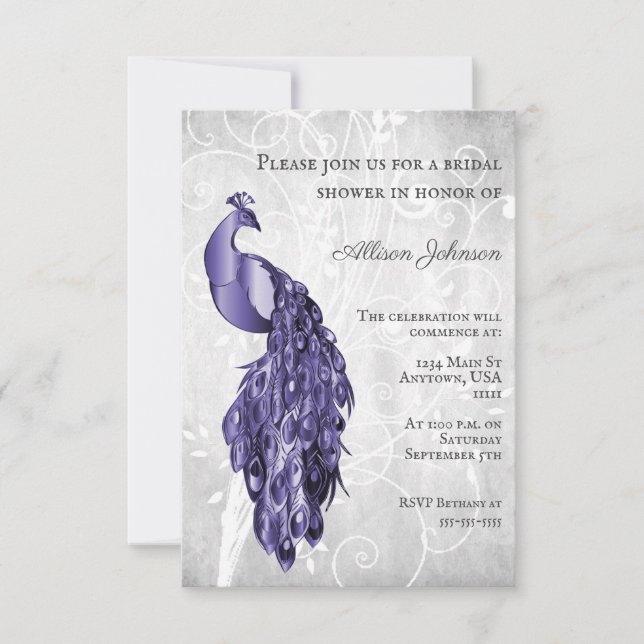 Invitación a la ducha de novias Purple Peacock (Anverso)