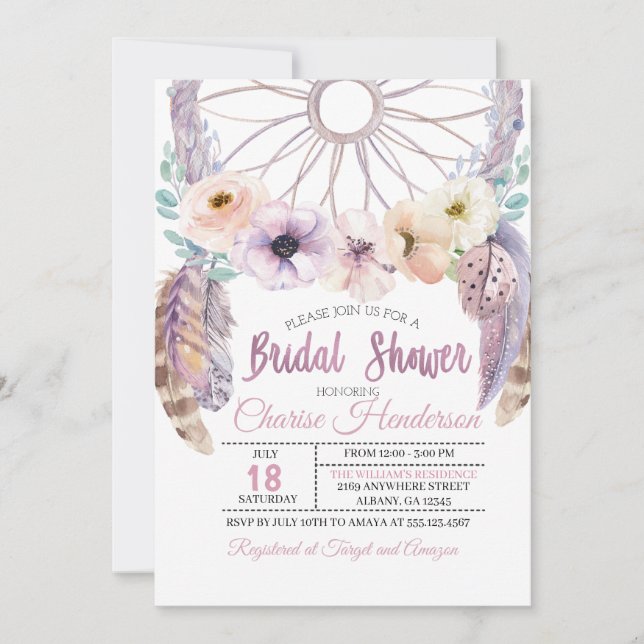 Invitación a la ducha de novias púrpura Boho Dream (Anverso)