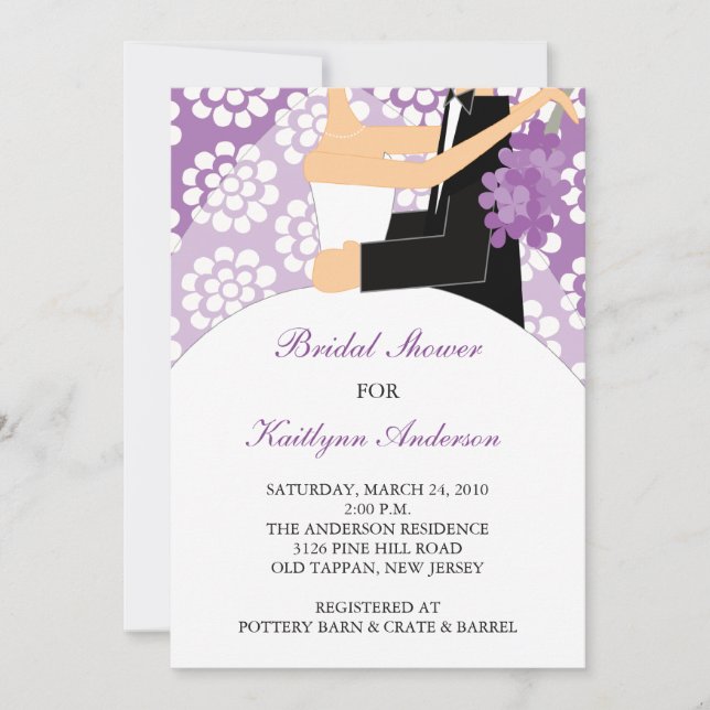 Invitación a la ducha de novias púrpura y blanca (Anverso)