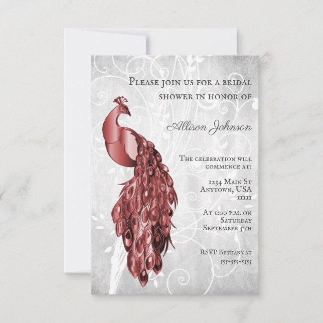 Invitación a la ducha de novias Red Peacock (Anverso)