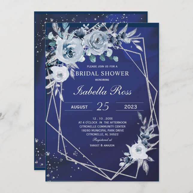 Invitación a la ducha de novias Royal Blue and Sil (Anverso / Reverso)