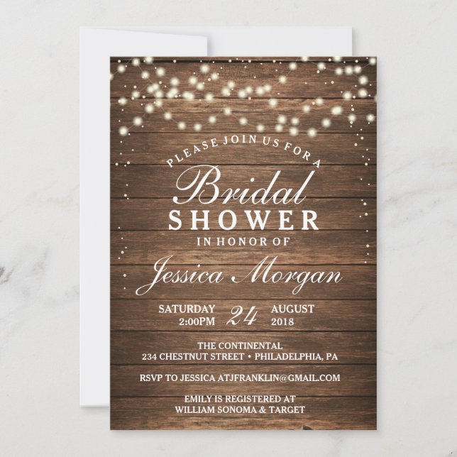 Invitación a la ducha de novias Rustic Wood & Ligh (Anverso)