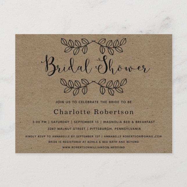 Invitación a la ducha de novias rustica simplement (Anverso)