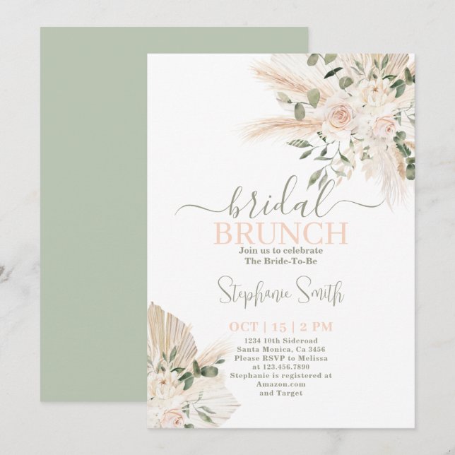Invitación a la ducha de novias Sage green Pampas (Anverso / Reverso)