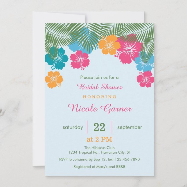 Invitación a la ducha de novias Tropical Hawai Hib (Anverso)