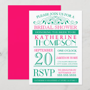 Invitación a la ducha de novias verde y fucsia mod
