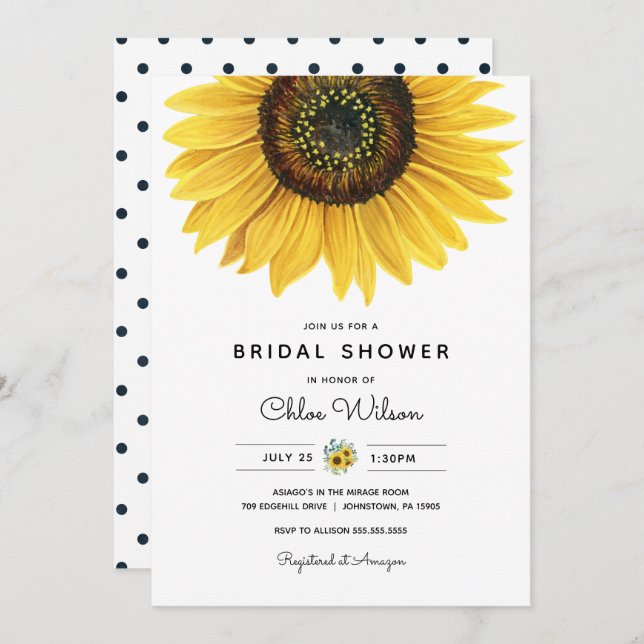 Invitación a la ducha de nupcial con girasol acuar (Anverso / Reverso)