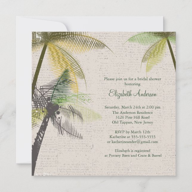 Invitación a la ducha de nupcillo de palmeras trop (Anverso)