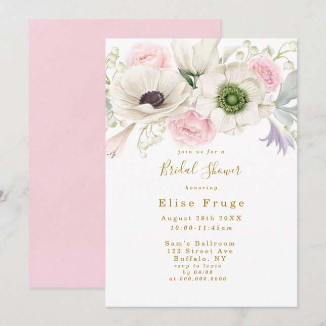 Invitación a la ducha de oro Anemone Pink Peony (Anverso / Reverso)