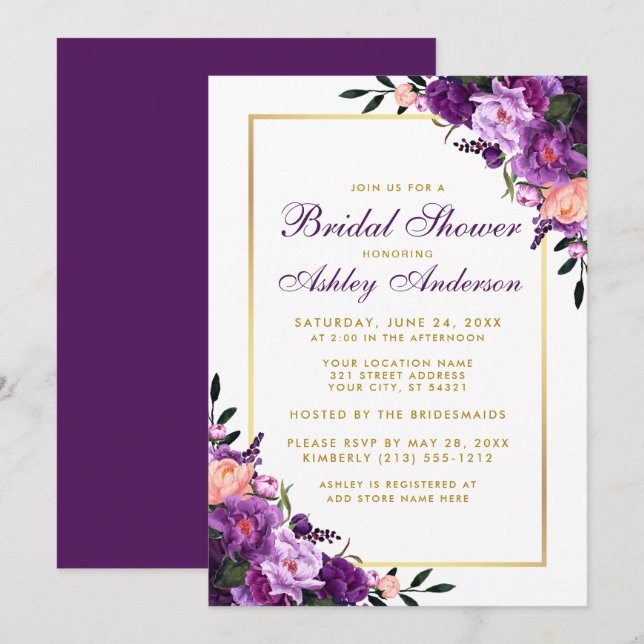 Invitación a la ducha de oro morado violeta floral (Anverso / Reverso)