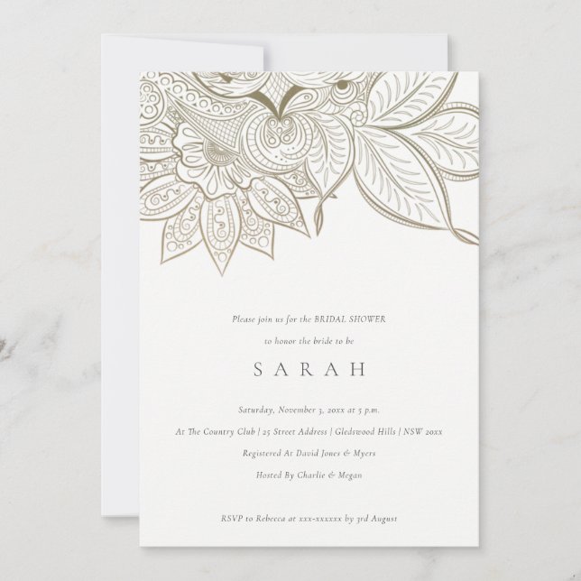 Invitación a la ducha de oro Ornate Paisley Ivory (Anverso)
