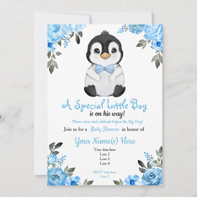 Invitación a la ducha de pingüino azul (Anverso)