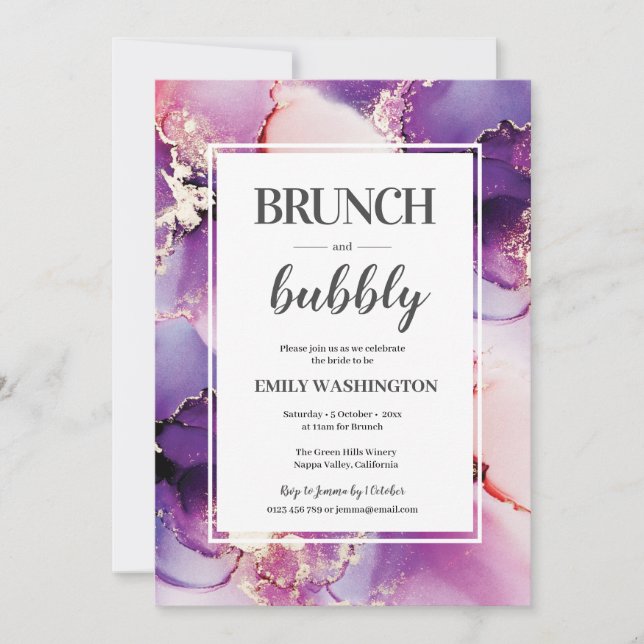 Invitación a la ducha de puerperio morado y burbuj (Anverso)