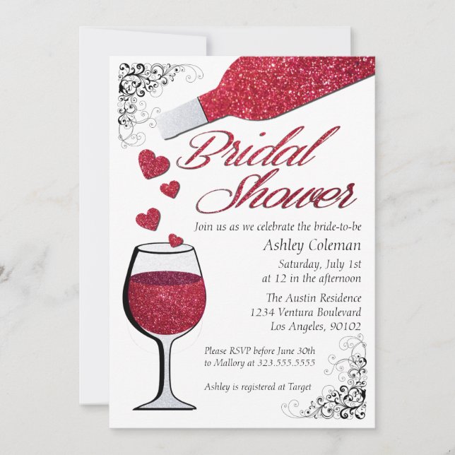 Invitación a la ducha de purpurina Wine Bridal (Anverso)