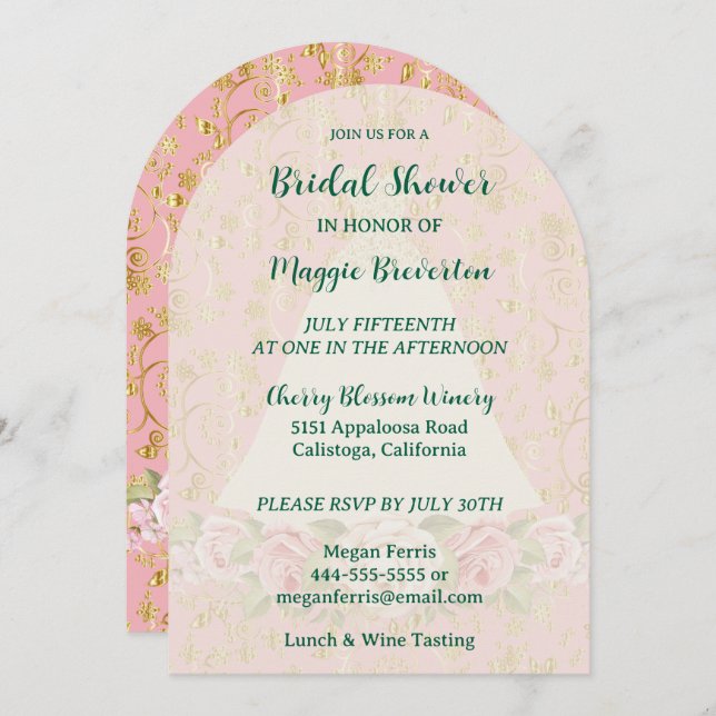 Invitación a la ducha de rosa y de novia dorada (Anverso / Reverso)