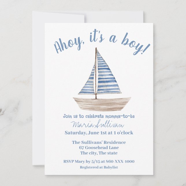 Invitación a la ducha de un bebé de un barco de ve (Anverso)