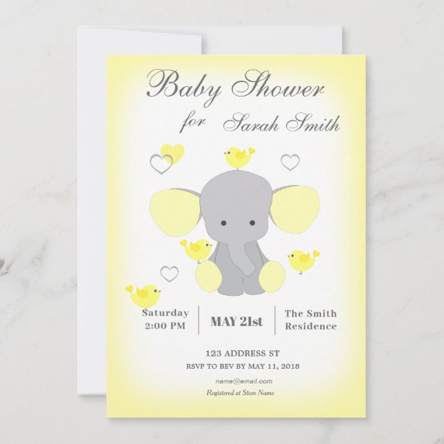 Invitación a la ducha del elefante amarillo bebé n (Anverso)
