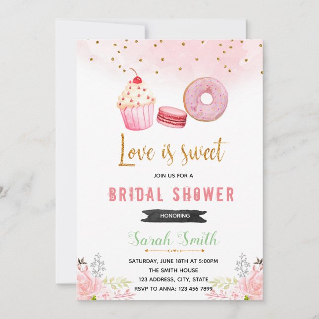 Invitación a la ducha dulce dulce rosa y dorada (Anverso)